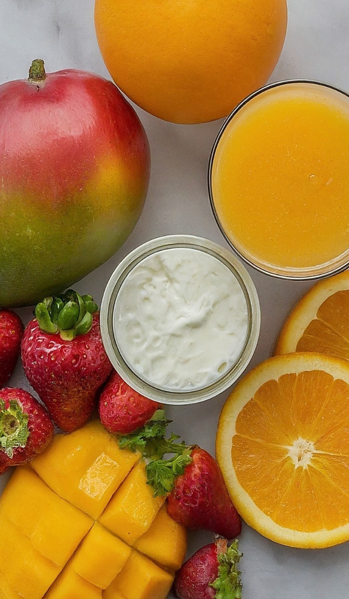 The ingredients for a strawberry orange mango smoothie
