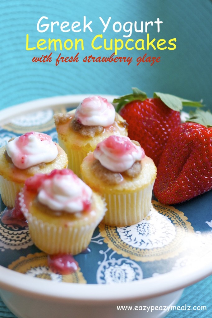 Greek Yogurt Lemon Cupcakes with fresh strawberry glaze - Easy Peasy Meals