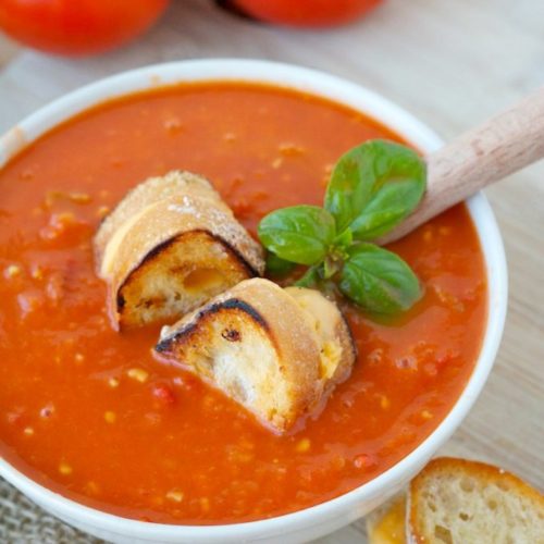 Tomato Basil Soup with Grilled Cheese Croutons