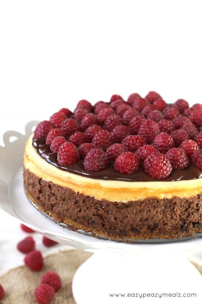 chocolate and cheesecake with raspberries