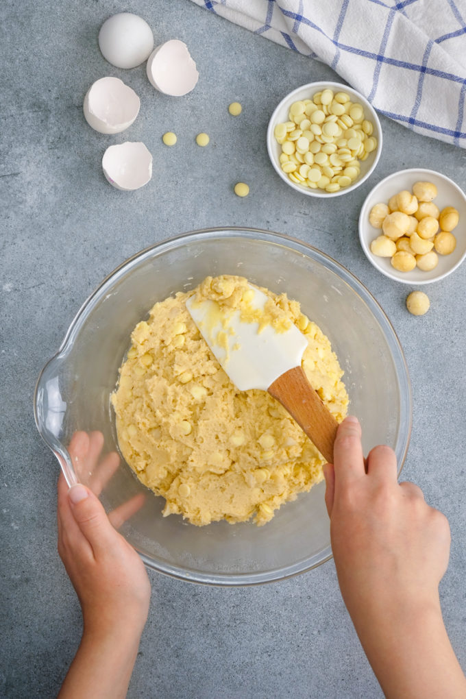 Mixing up our white chocolate macadamia cookies