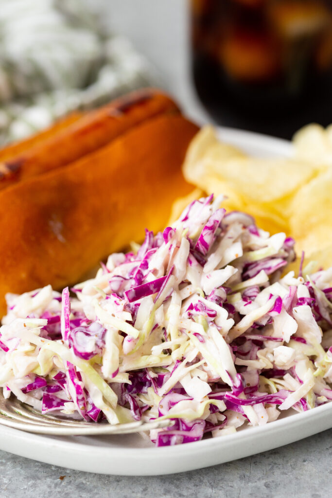 Crunchy, tangy, delicious summer coleslaw on a plate.