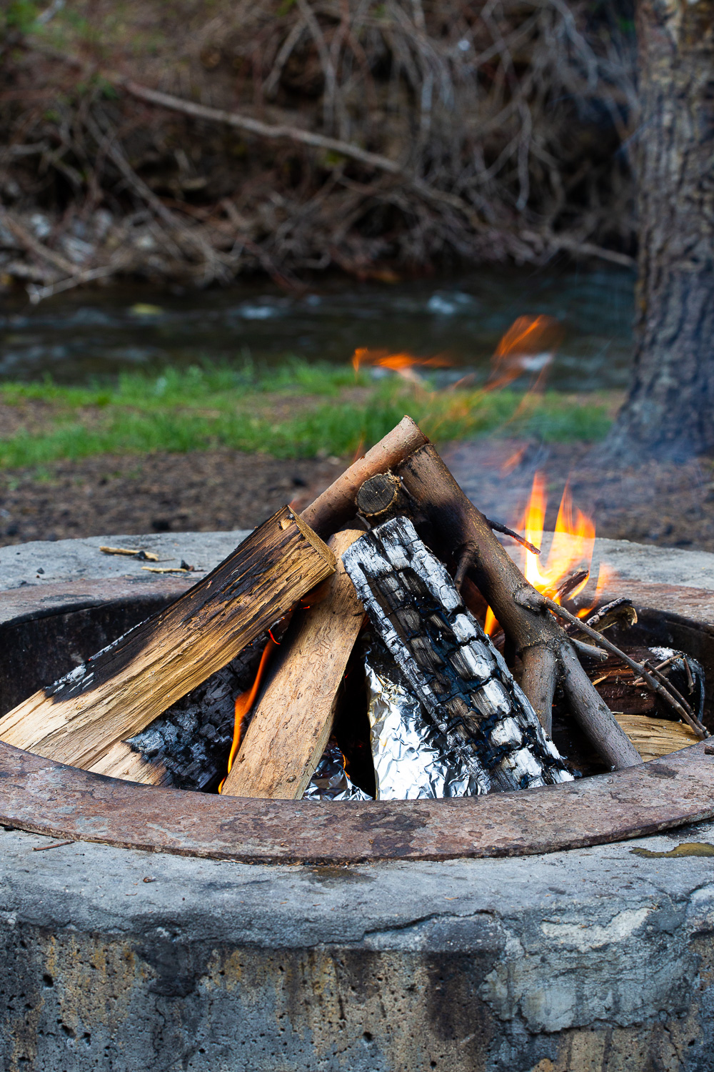 A fire for cooking campfire dinners. 