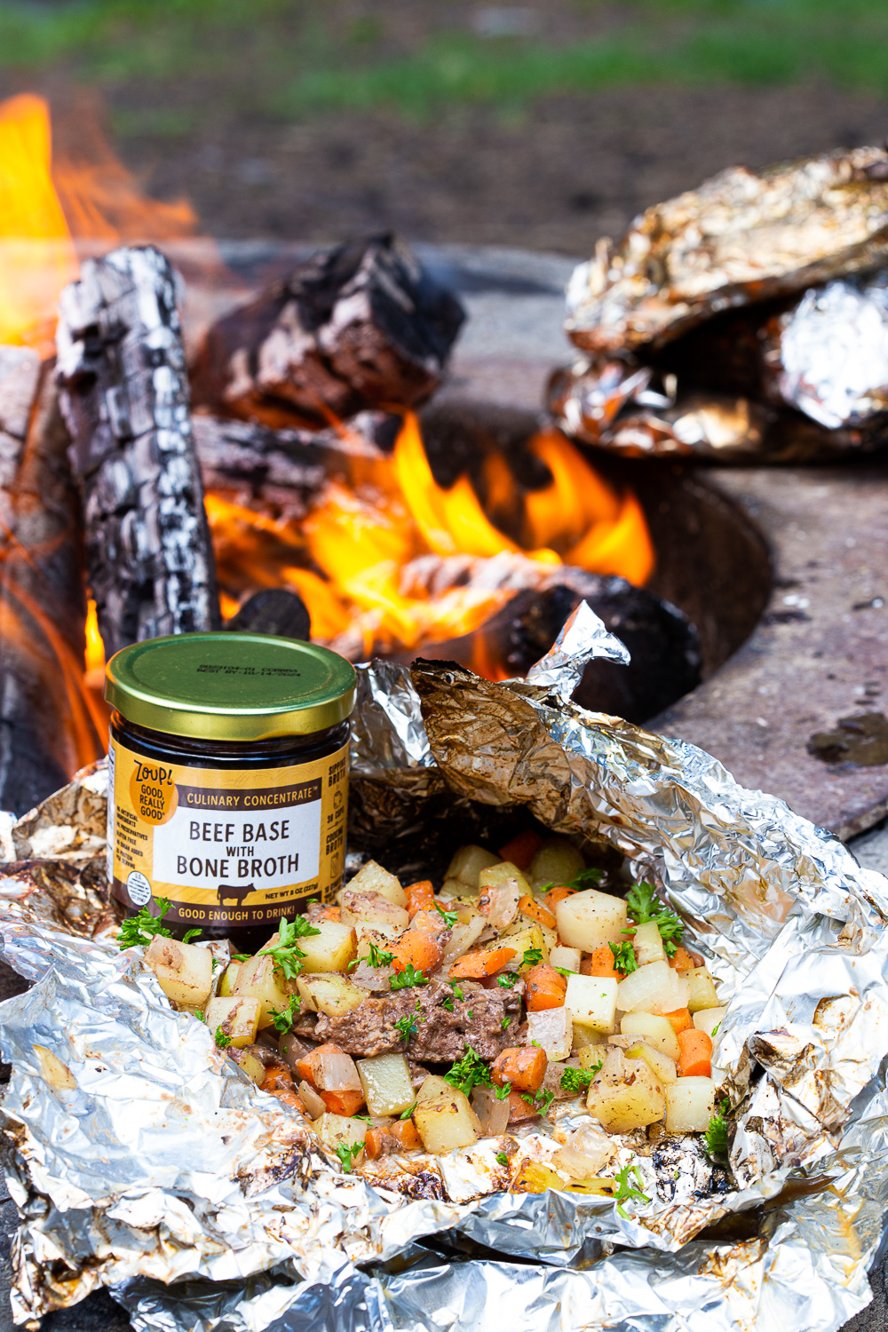 Campfire foil dinners made with Zoup! Beef Base with Bone Broth. 