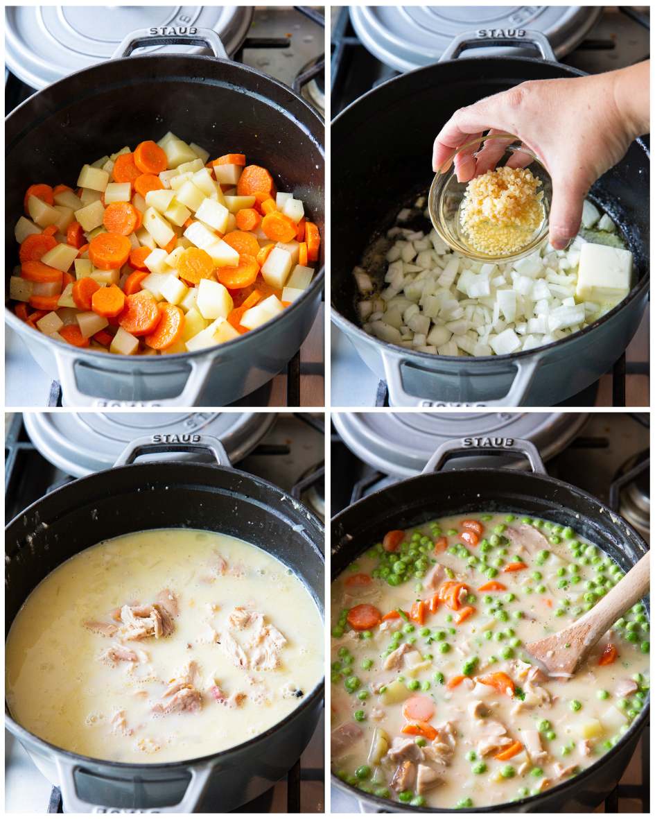 Making Chicken Pot Pie, the steps for getting the perfect filling. 