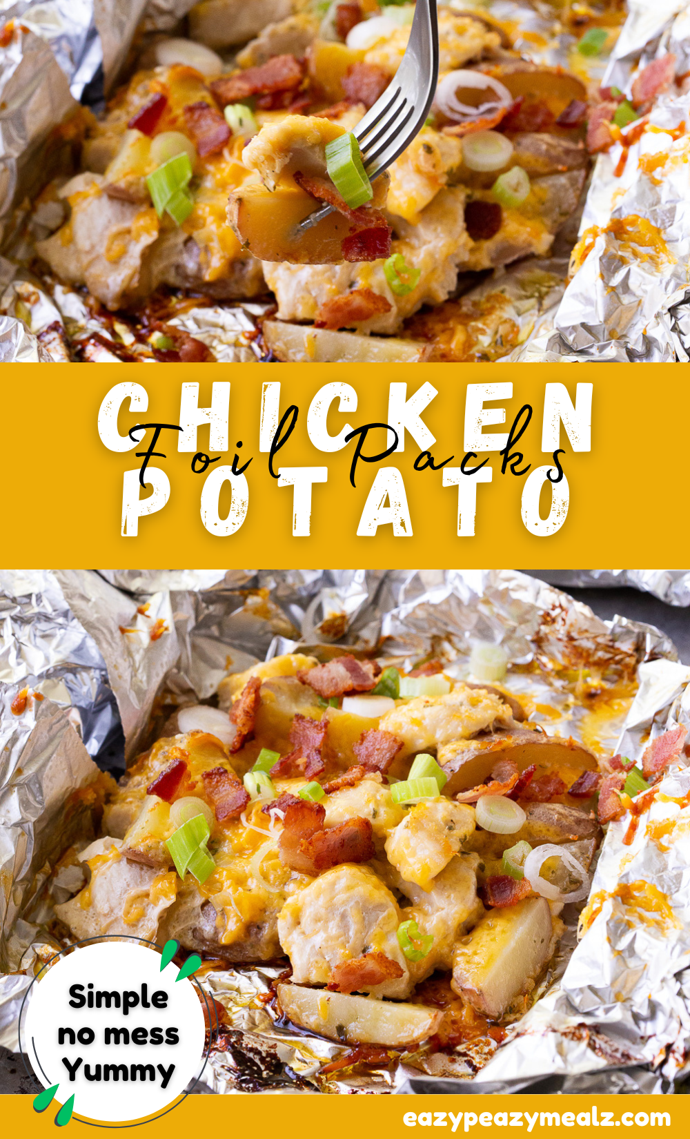 The easiest chicken and potato foil packs, loaded with flavor thanks to ranch seasoning and butter, and topped with cheese, bacon, and green onion