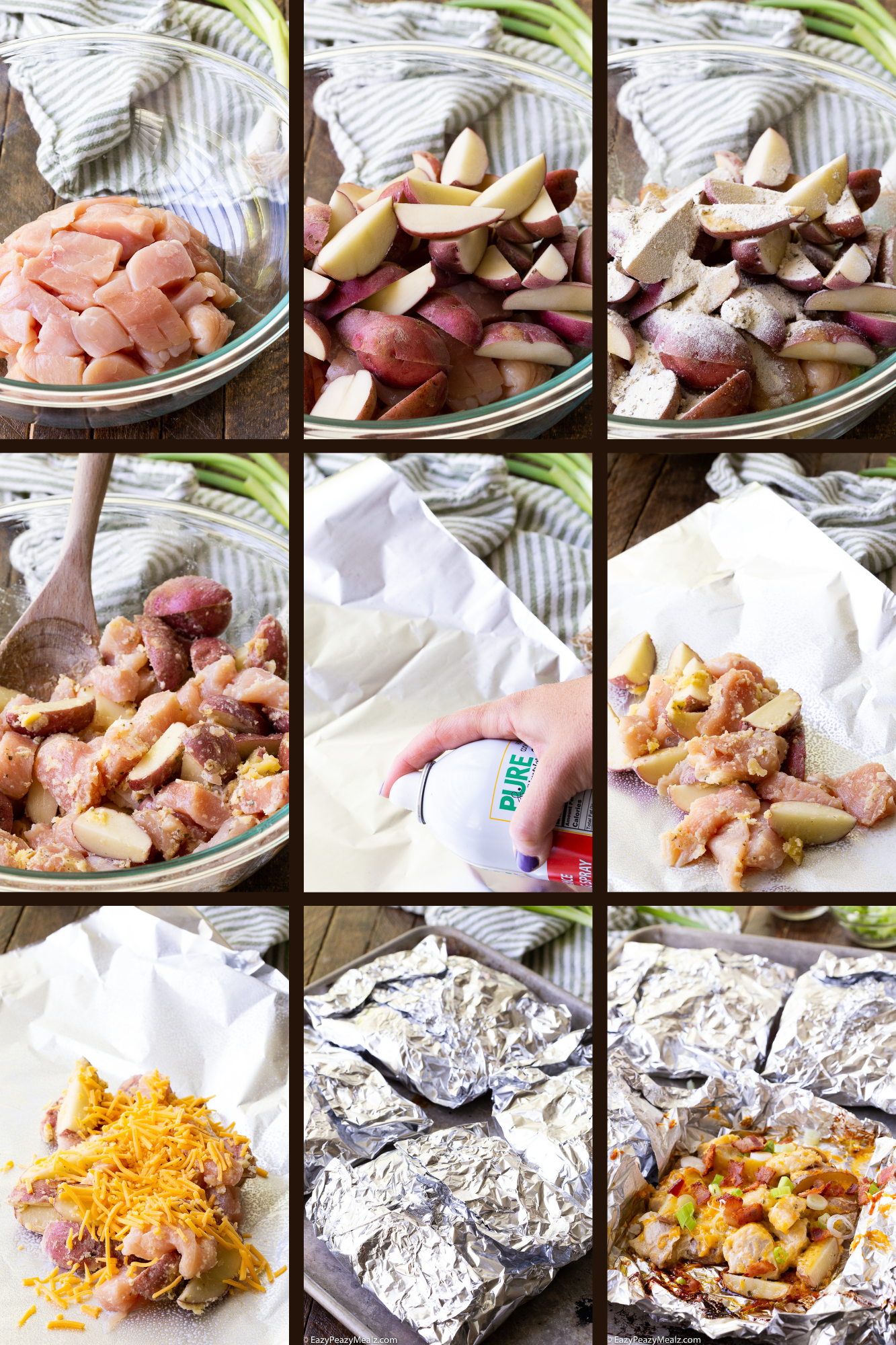 The steps to make cheesy chicken bacon ranch and potato foil packs