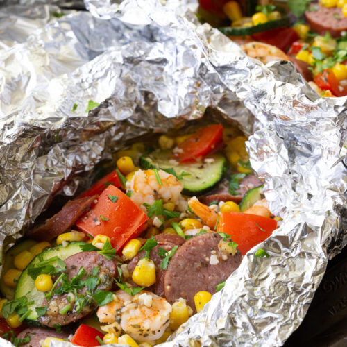 Shrimp and kielbasa foil packs