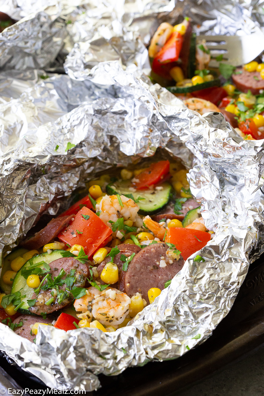 Shrimp and kielbasa foil packs