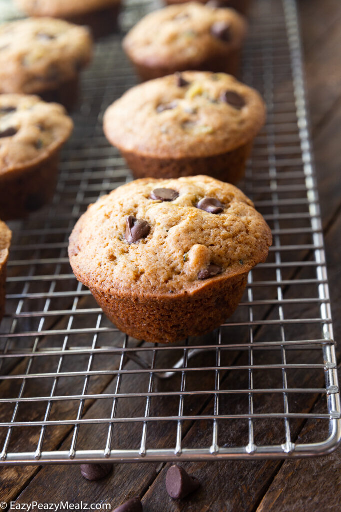 Chocolate chip zucchini muffins cooling on a rack. 