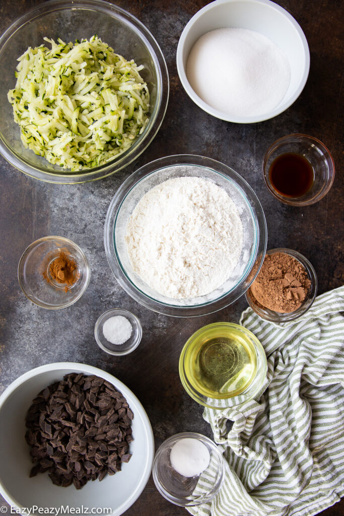 The ingredients needed for zucchini brownies