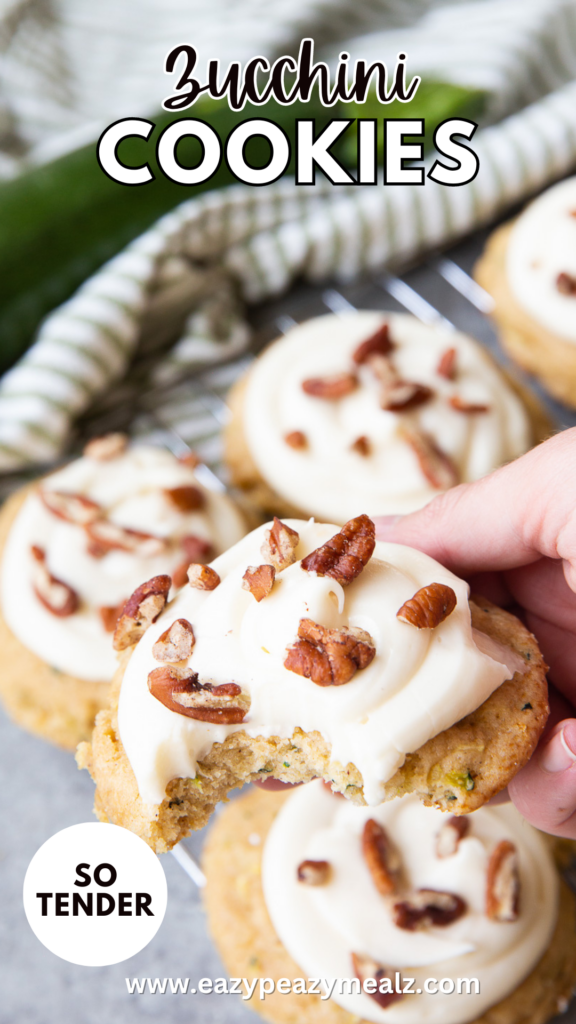 The most tender and delicious zucchini cookies, with cream cheese frosting and studded with pecans. 