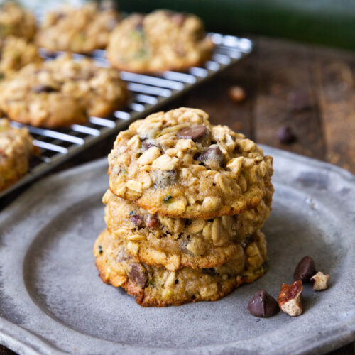 zucchini oatmeal chocolate chip cookies on a plate