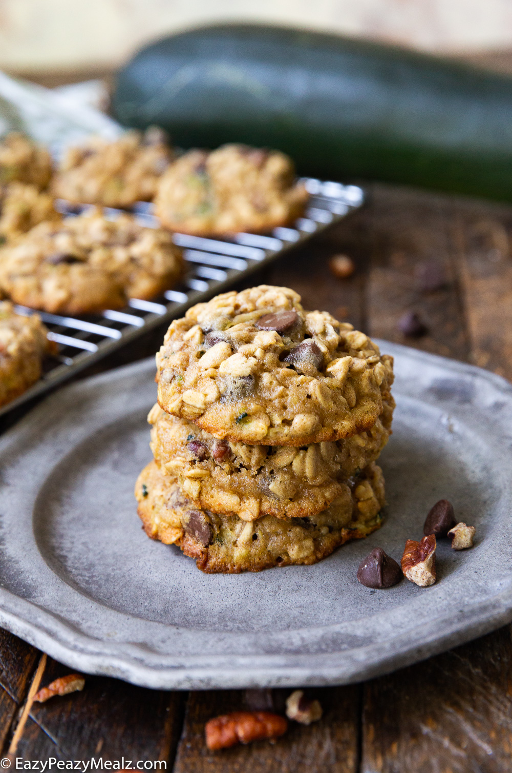 zucchini oatmeal chocolate chip cookies on a plate